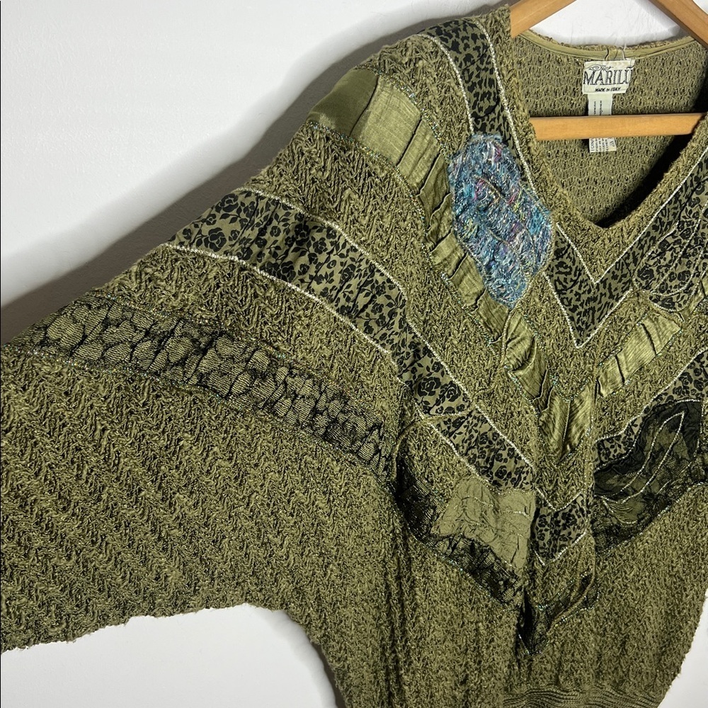 Vintage 80s Olive Green Patchwork Dolman Sweater Italian Boho Textured Slouchy - Picture 8 of 14